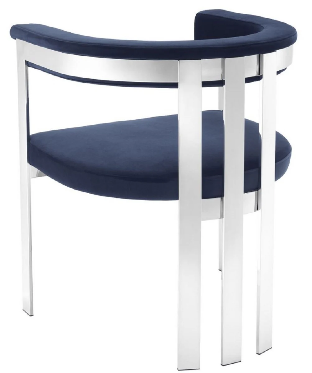 Luxus Esszimmerstuhl mit Armlehnen Mitternachtsblau / Silber 61 x 56 x H. 73 cm - Edelstahl Küchenstuhl mit edlem Samtstoff - Luxus Küchenmöbel