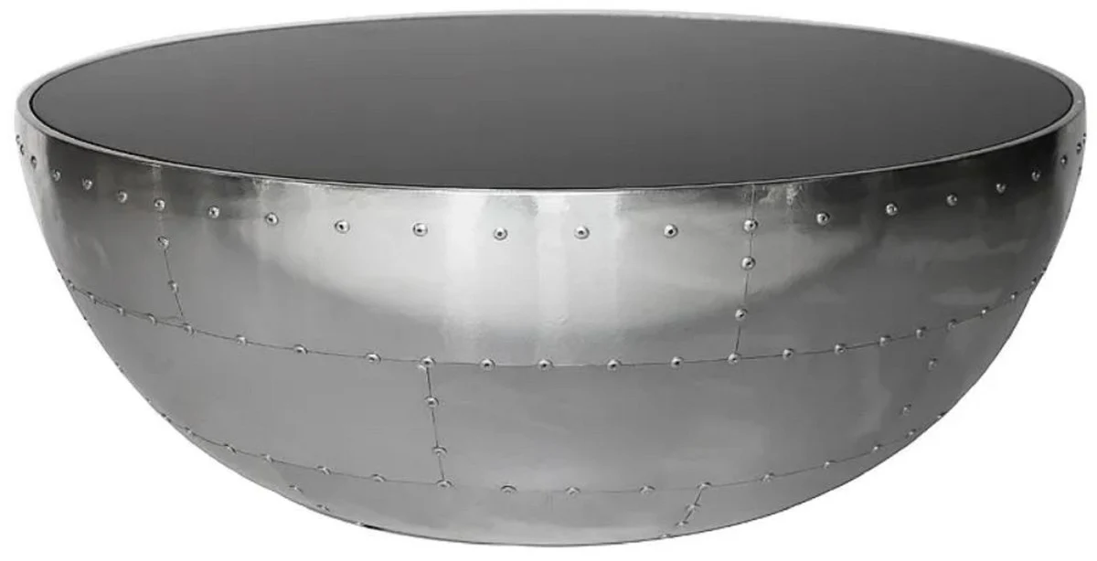 Luxus Couchtisch Silber / Schwarz Ø 82 x H. 34 cm - Runder Aluminium Wohnzimmertisch mit Glasplatte - Aluminium Flugzeug Flieger Möbel - Wohnzimmer Möbel - Luxus Möbel