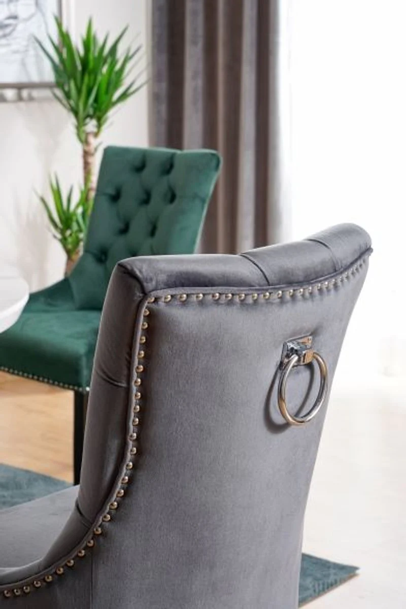 Luxus Chesterfield Esszimmer Stuhl Grau / Silber / Schwarz - Küchenstuhl mit Samtstoff - Esszimmer Möbel