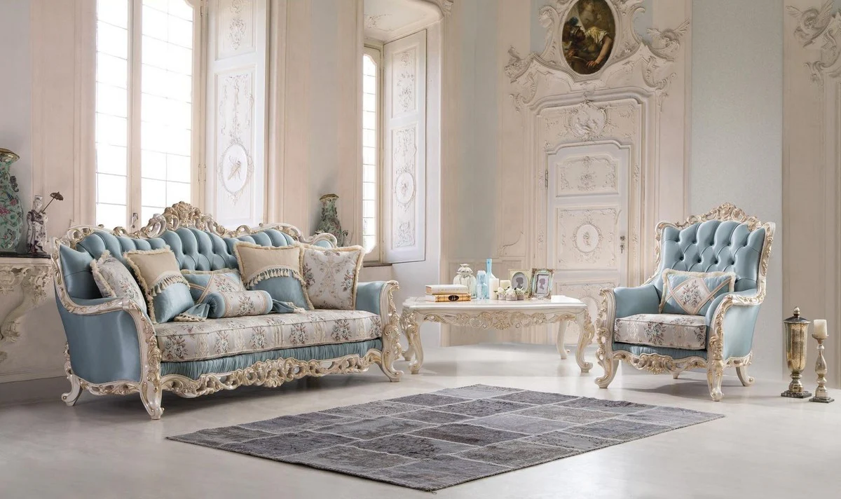 Luxus Barock Wohnzimmer Sofa mit dekorativen Kissen Hellblau / Creme / Weiß / Gold 240 x 90 x H. 120 cm - Edle Barock Wohnzimmer Möbel