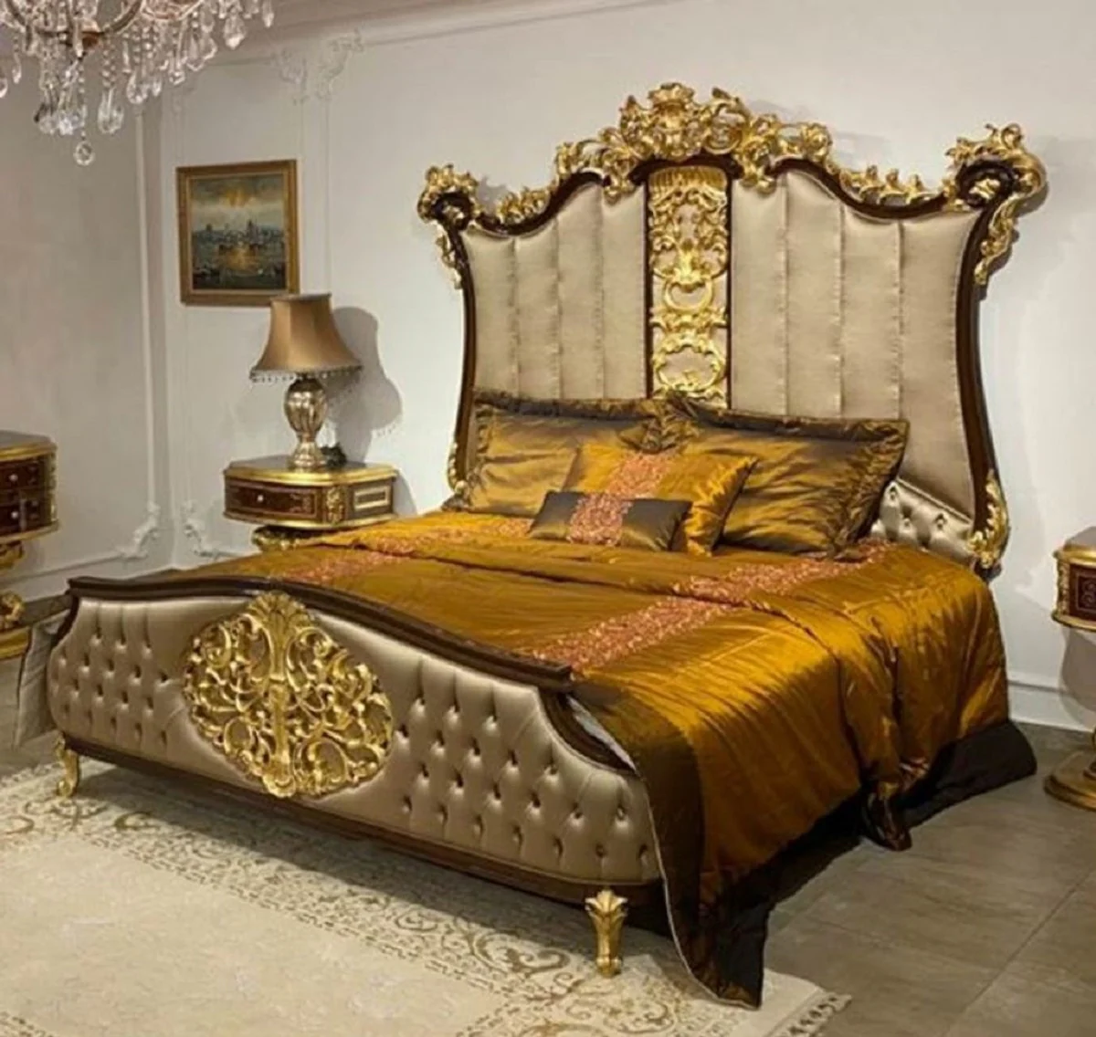 Luxus Barock Doppelbett Silber / Dunkelbraun / Gold - Edles Massivholz Bett mit Kopfteil - Prunkvolle Schlafzimmer Möbel im Barockstil