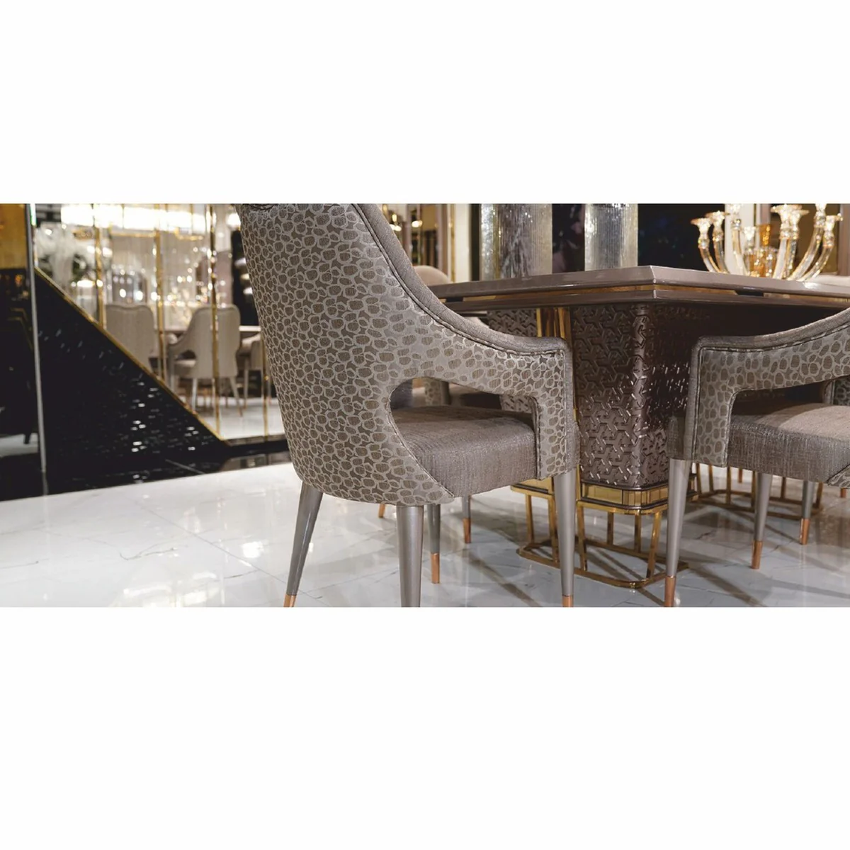 Luxus Esstisch Weiß / Grau / Gold 223 cm - Esszimmer Möbel