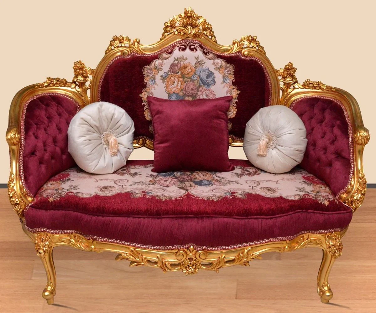 Barock Sofa Bordeauxrot / Mehrfarbig / Gold - Handgefertigtes Wohnzimmer Sofa im Barockstil - Prunkvolle Barock Wohnzimmer Möbel