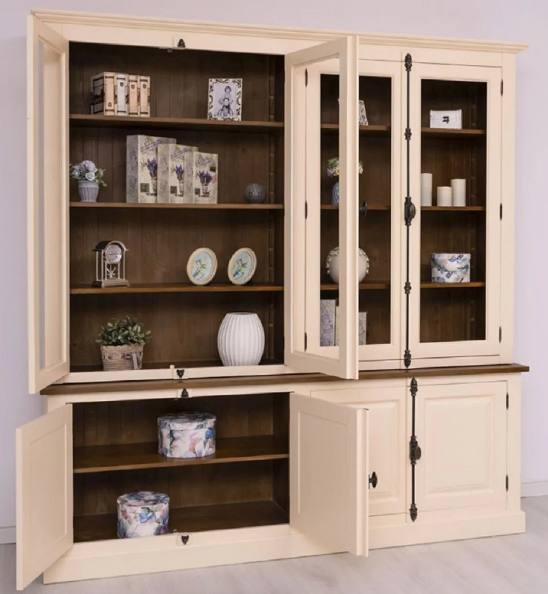 Landhausstil Esszimmerschrank Creme / Braun 223 x 50 x H. 228 cm - Massivholz Küchenschrank - Esszimmer Möbel im Landhausstil - Landhausstil Esszimmer Einrichtung