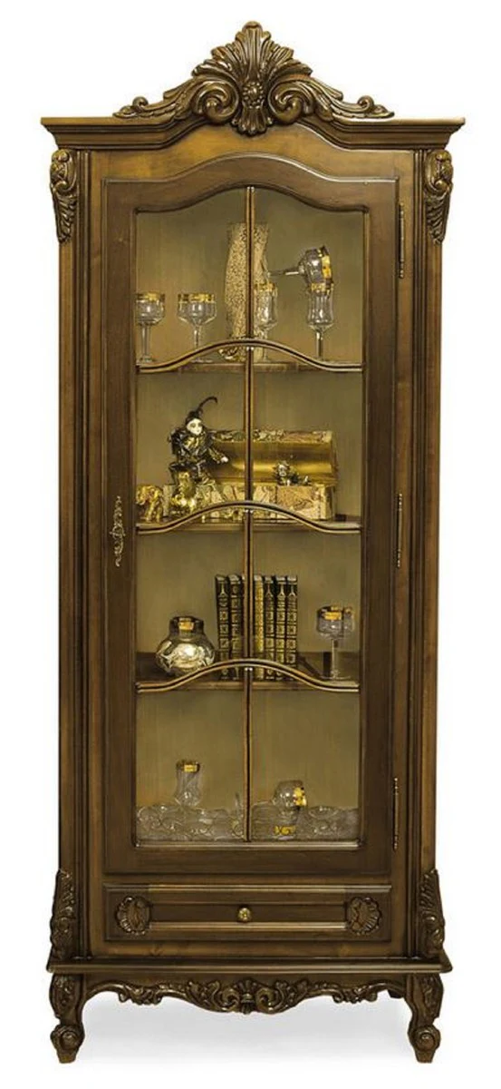 Luxus Barock Vitrine Braun - Prunkvoller Massivholz Vitrinenschrank mit Glastür und Schublade - Handgefertigte Barock Möbel - Edel & Prunkvoll