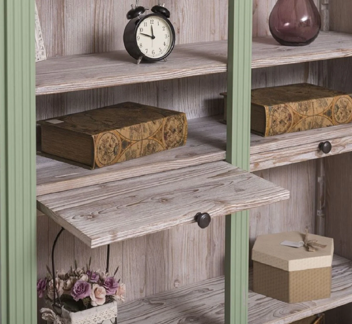 Landhausstil Bücherschrank Grün / Naturfarben 120 x 37 x H. 197 cm - Massivholz Schrank - Regalschrank - Wohnzimmerschrank - Landhausstil Möbel