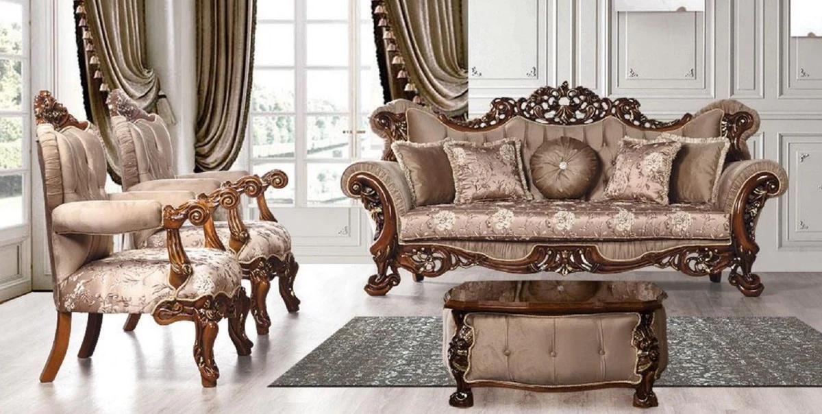 Luxus Barock Wohnzimmer Set Grau / Braun / Gold - 2 Barock Sofas mit Muster & 2 Barock Sessel mit Muster & 1 Barock Couchtisch - Barock Wohnzimmer Möbel