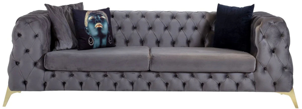 Luxus Chesterfield Samt Sofa Grau / Messing 240 x 95 x H. 81 cm - Modernes Wohnzimmer Sofa - Chesterfield Möbel
