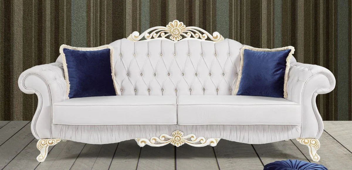 Barock Sofa Hellgrau / Weiß / Gold 235 x 85 x H. 112 cm - Edles Wohnzimmer Sofa mit Glitzersteinen - Barock Möbel