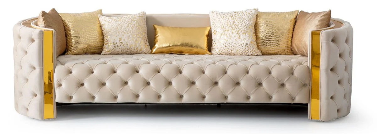 Luxus Chesterfield 3er Sofa Creme / Gold 260 x 100 x H. 75 cm - Chesterfield Wohnzimmer Sofa - Wohnzimmer Möbel - Chesterfield Möbel - Luxus Möbel - Luxus Einrichtung - Möbel Luxus