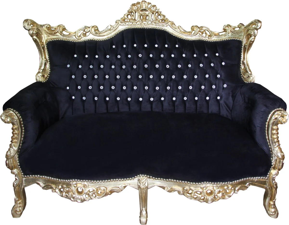 Barock 2-er Sofa Master Schwarz / Gold mit großen Bling Bling Glitzersteinen - Antik Stil Möbel