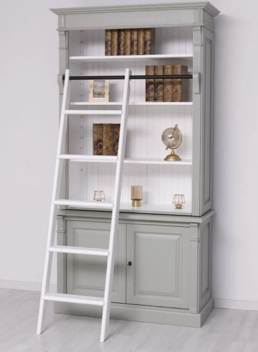 Landhausstil Bücherschrank mit Leiter Grau / Weiß 120 x 51 x H. 228 cm - Massivholz Schrank - Regalschrank - Wohnzimmerschrank - Büroschrank - Landhausstil Möbel