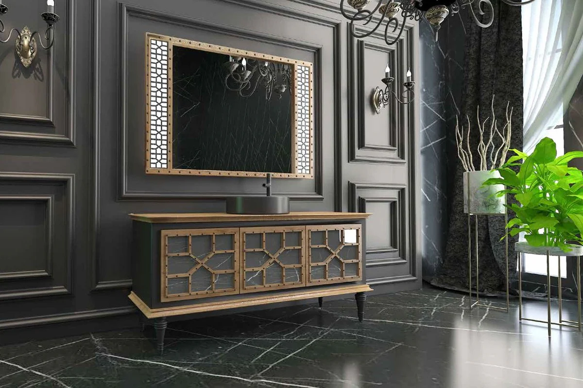 Luxus Badezimmer Set Naturfarben / Schwarz - 1 Waschtisch mit 3 Türen und 1 Waschbecken und 1 Wandspiegel - Luxus Qualität