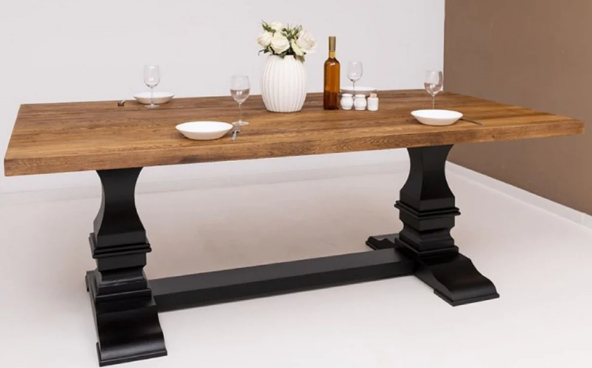 Landhausstil Esstisch Braun / Schwarz 220 x 120 x H. 78 cm - Rechteckiger Massivholz Küchentisch - Landhausstil Massivholz Esszimmer Möbel