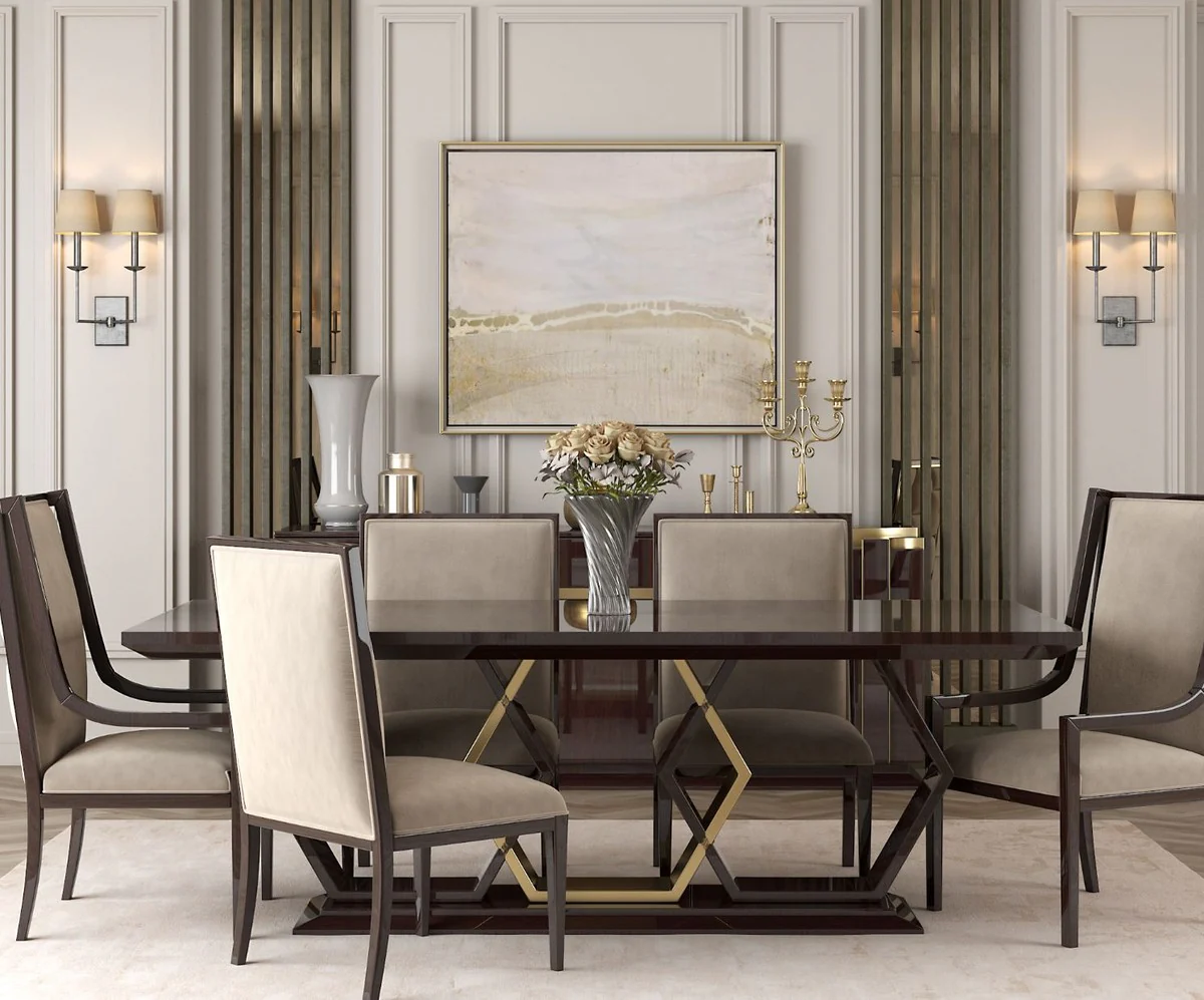 Luxus Art Deco Esszimmer Set Beige / Dunkelbraun Hochglanz / Gold - 1 Esszimmertisch & 6 Esszimmerstühle - Art Deco Esszimmer Möbel - Luxus Qualität