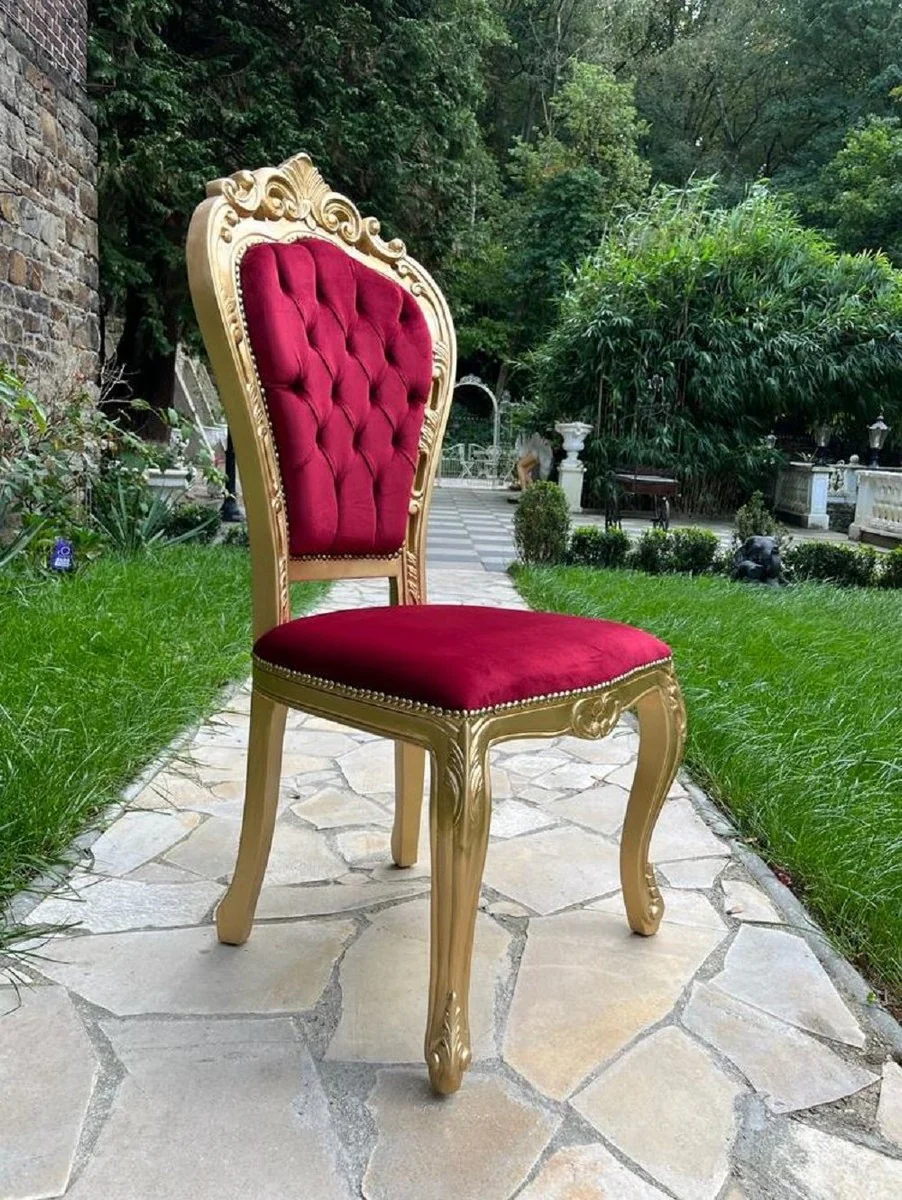 Luxus Barock Esszimmer Stuhl Bordeauxrot / Gold - Handgefertigter Antik Stil Stuhl mit edlem Samtstoff - Prunkvolle Esszimmer Möbel im Barockstil