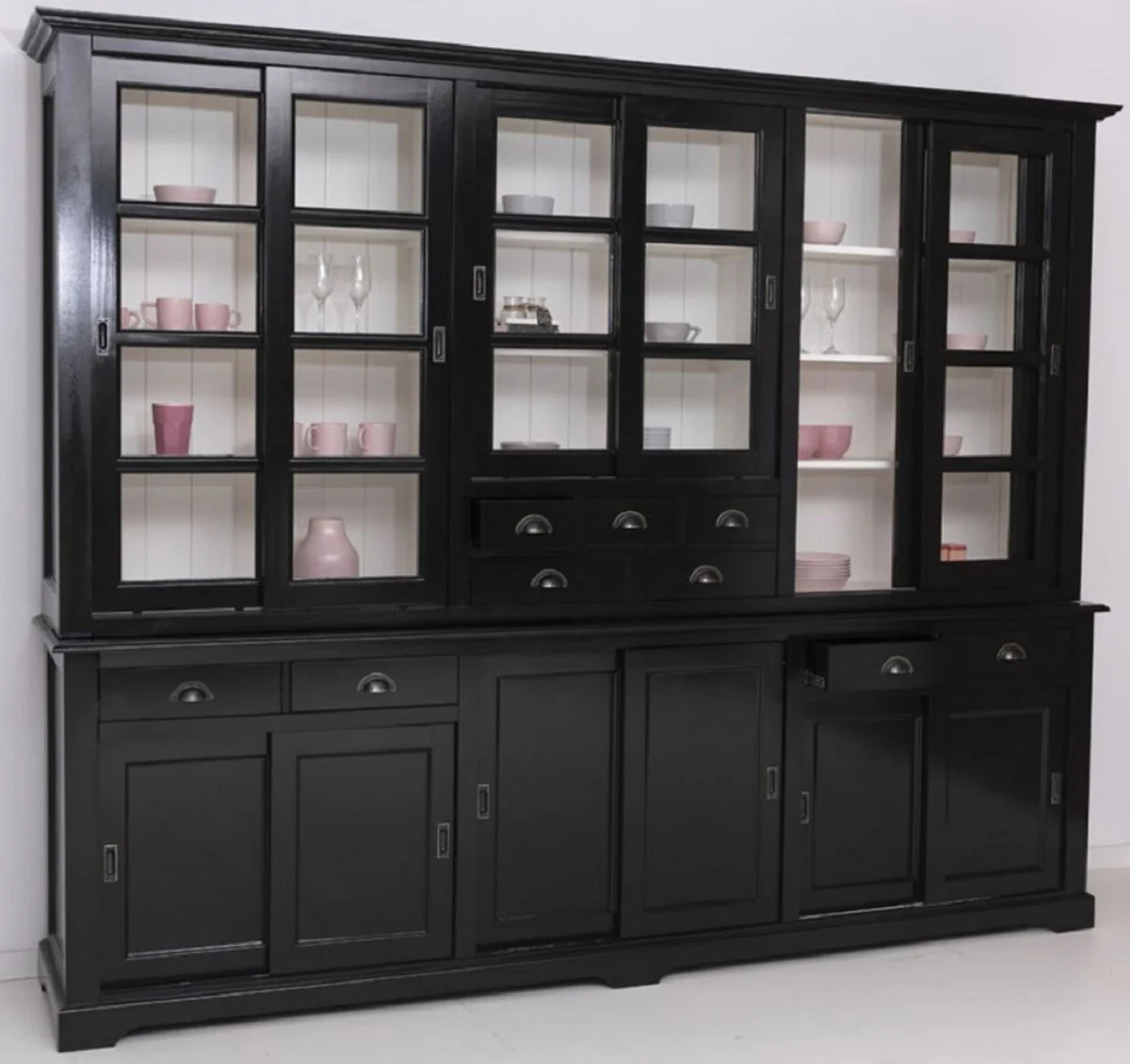 Landhausstil Esszimmerschrank Schwarz / Weiß 280 x 55 x H. 225 cm - Massivholz Küchenschrank - Esszimmer Möbel im Landhausstil - Landhausstil Esszimmer Einrichtung