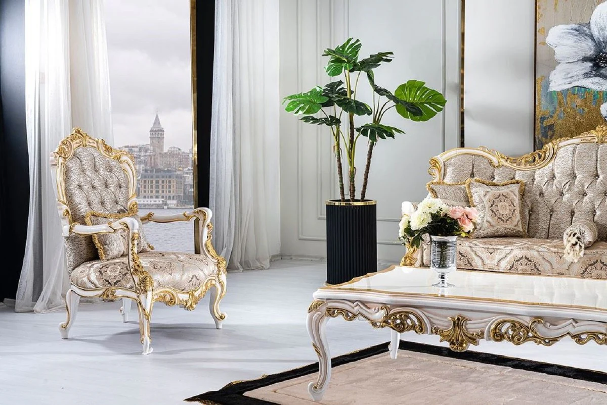 Luxus Barock Couchtisch Weiß / Beige / Gold - Prunkvoller Wohnzimmertisch im Barockstil - Barockstil Wohnzimmer Möbel - Barock Möbel - Barock Einrichtung - Luxus Möbel im Barockstil