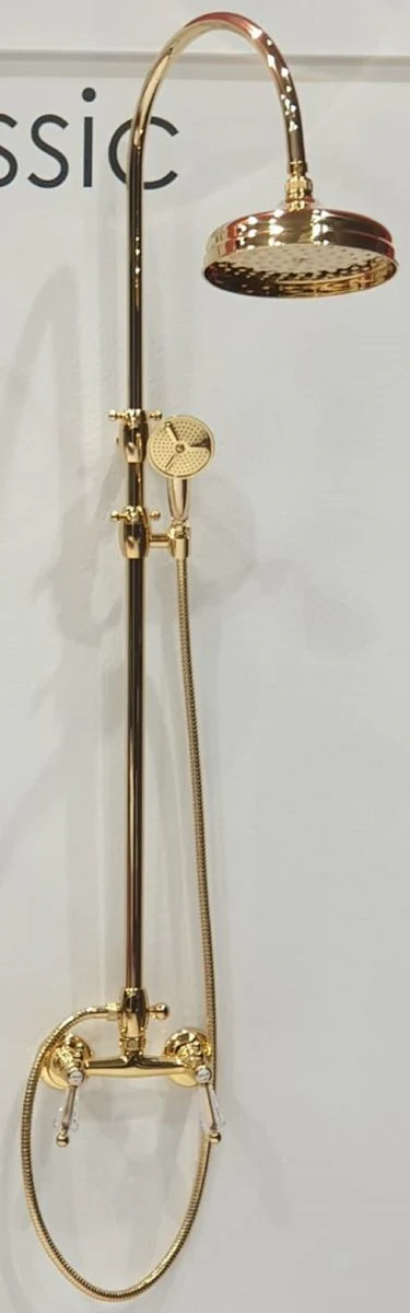 Luxus Badezimmer Duschgarnitur mit Swarovski Kristallglas Gold H. 111-138,5 cm - Brauseset mit Überkopfbrause und Handbrause - Badezimmer Accessoires - Luxus Qualität - Made in Italy