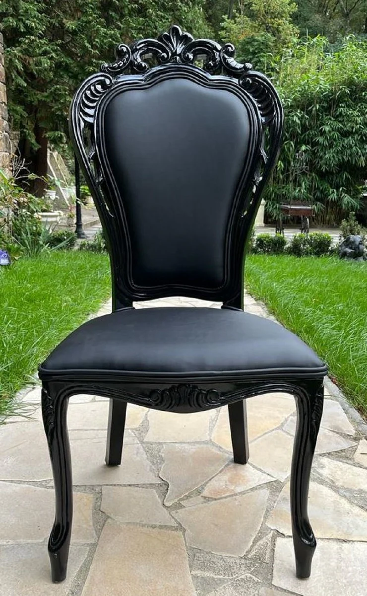 Luxus Barock Esszimmer Stuhl Schwarz - Handgefertigter Antik Stil Stuhl mit edlem Kunstleder - Prunkvolle Esszimmer Möbel im Barockstil