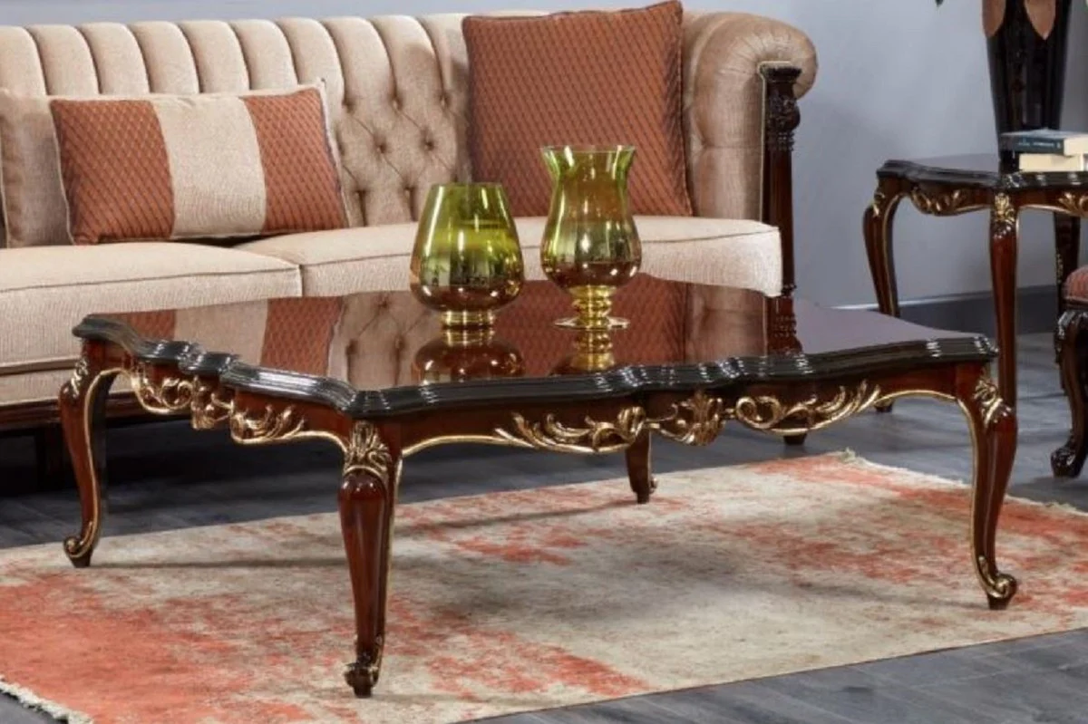 Luxus Barock Couchtisch Dunkelbraun / Schwarz / Gold - Quadratischer Massivholz Wohnzimmertisch im Barockstil - Luxus Wohnzimmer Möbel im Barockstil - Barock Möbel - Edel & Prunkvoll