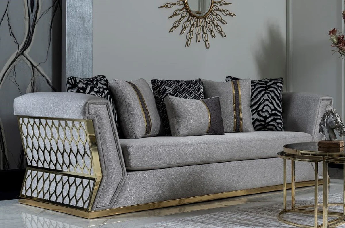 Luxus Sofa Grau / Gold - Elegantes Wohnzimmer Sofa mit dekorativen Kissen - Luxus Wohnzimmer Möbel