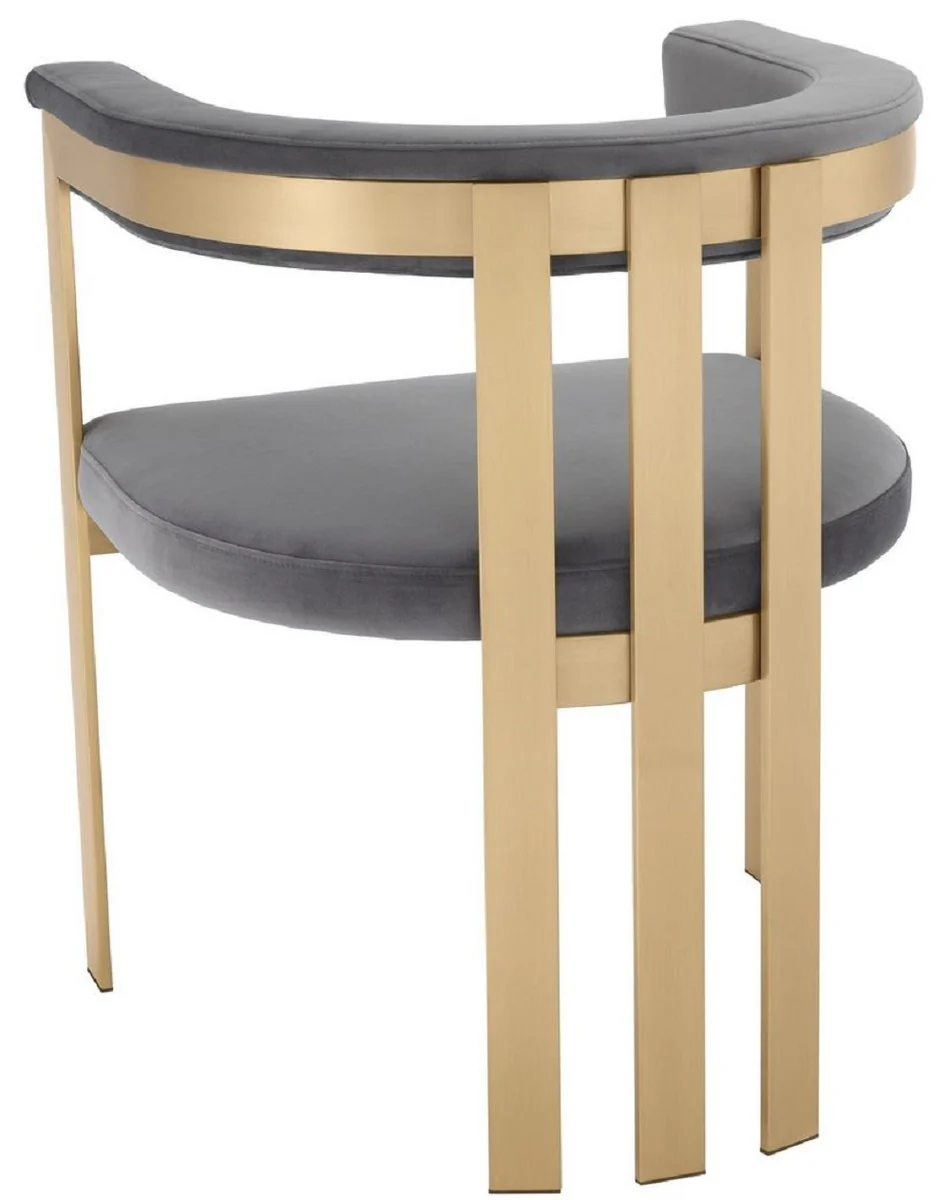 Luxus Esszimmerstuhl mit Armlehnen Grau / Messingfarben 61 x 56 x H. 73 cm - Edelstahl Küchenstuhl mit edlem Samtstoff - Luxus Küchenmöbel