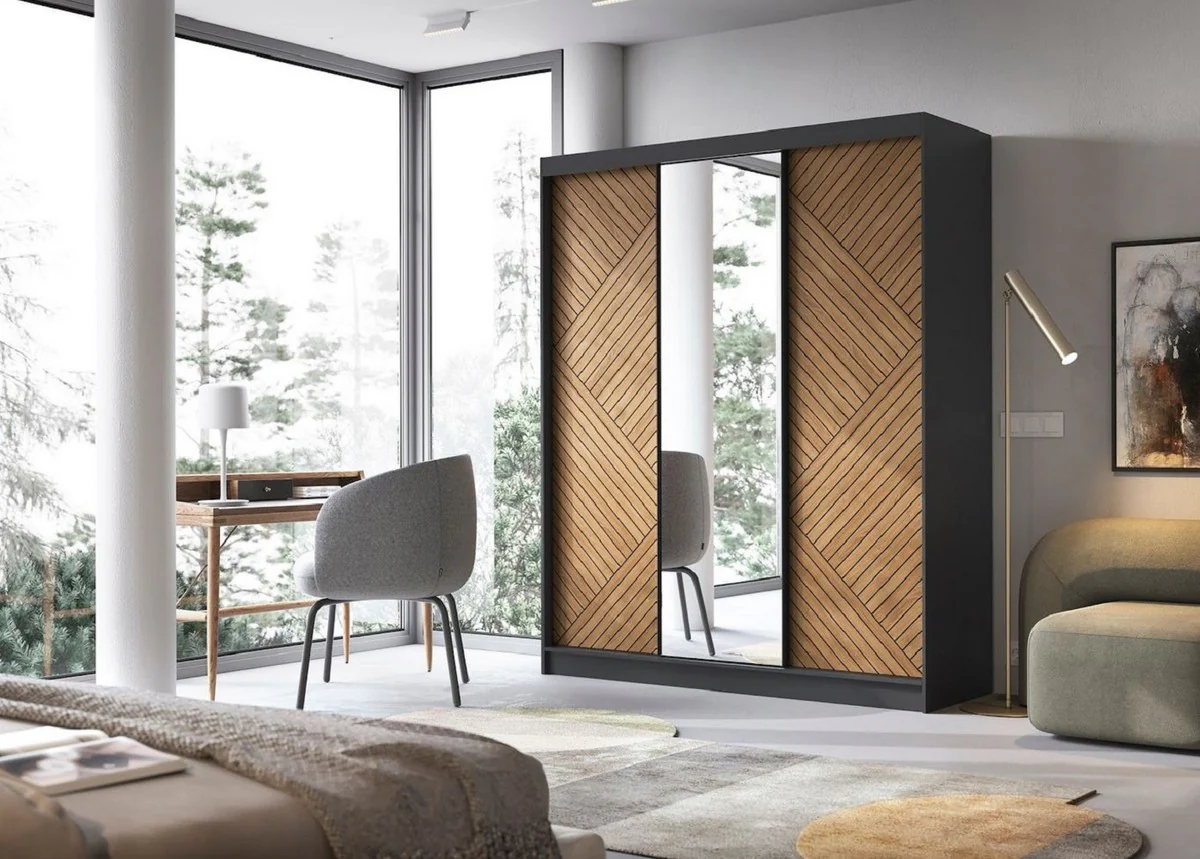 Luxus Schlafzimmerschrank Schwarz / Braun 180 x 60 x H. 220 cm - Verspiegelter Kleiderschrank mit 3 Schiebetüren - Schlafzimmer Möbel - Hotel Möbel - Luxus Möbel