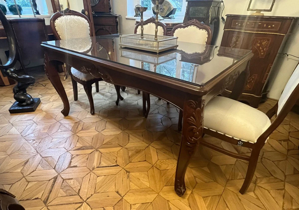 Luxus Barock Esstisch mit Glasplatte Dunkelbraun - Handgefertigter Massivholz Esszimmertisch - Luxus Esszimmer Möbel im Barockstil - Barock Möbel - Barock Einrichtung