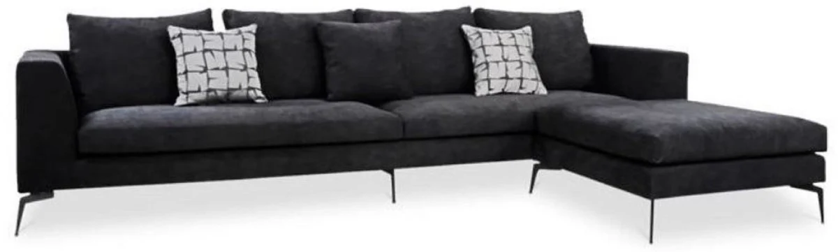Luxus Samt Ecksofa Schwarz 320 x 180 x H. 45 cm - Modernes Wohnzimmer Sofa mit verstellbarem Hocker - Wohnzimmer Möbel