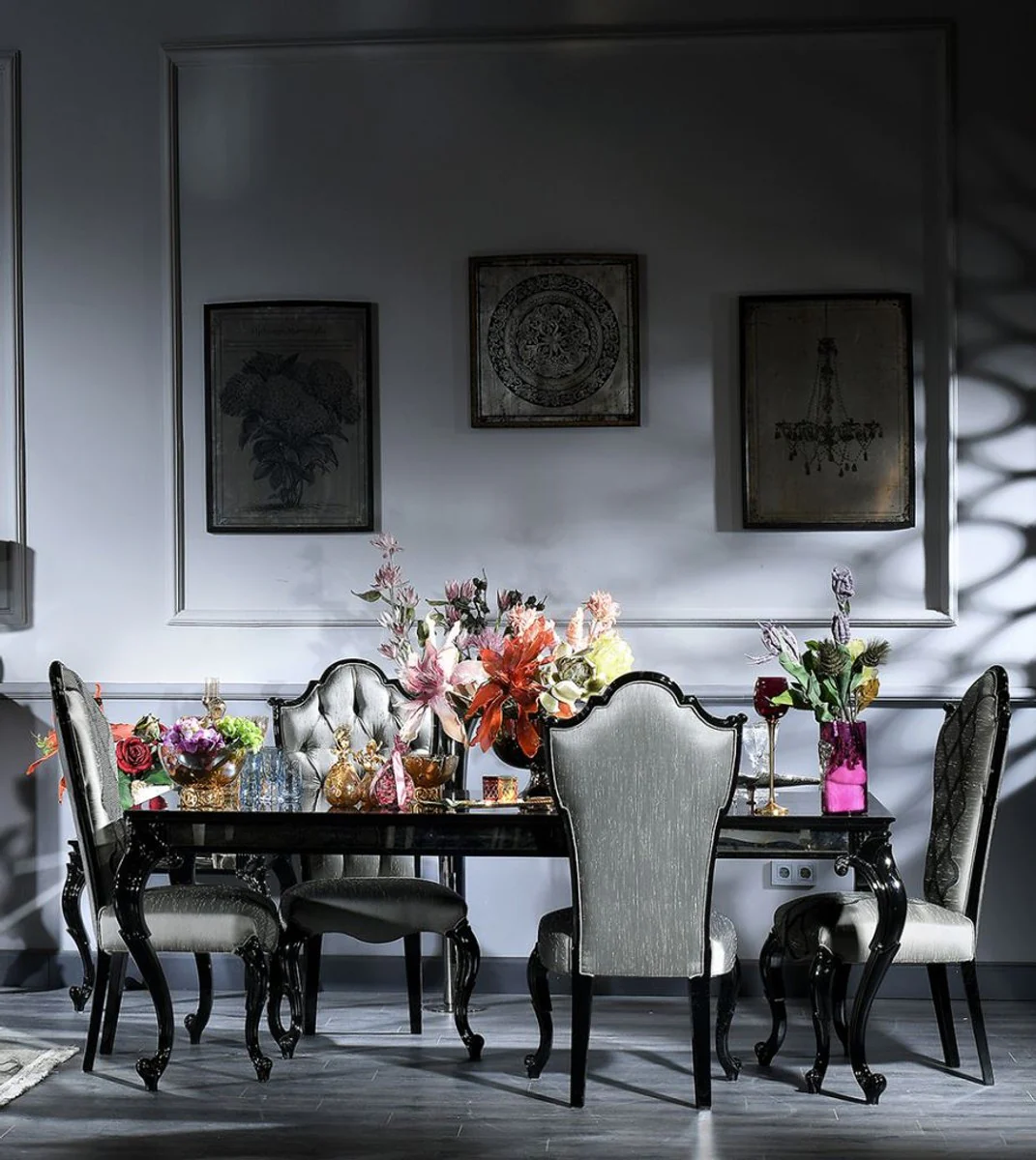 Luxus Barock Esszimmer Stuhl Set Silber / Grau / Schwarz 55 x 55 x H. 116 cm - Edles Küchen Stühle 6er Set - Esszimmer Möbel im Barockstil