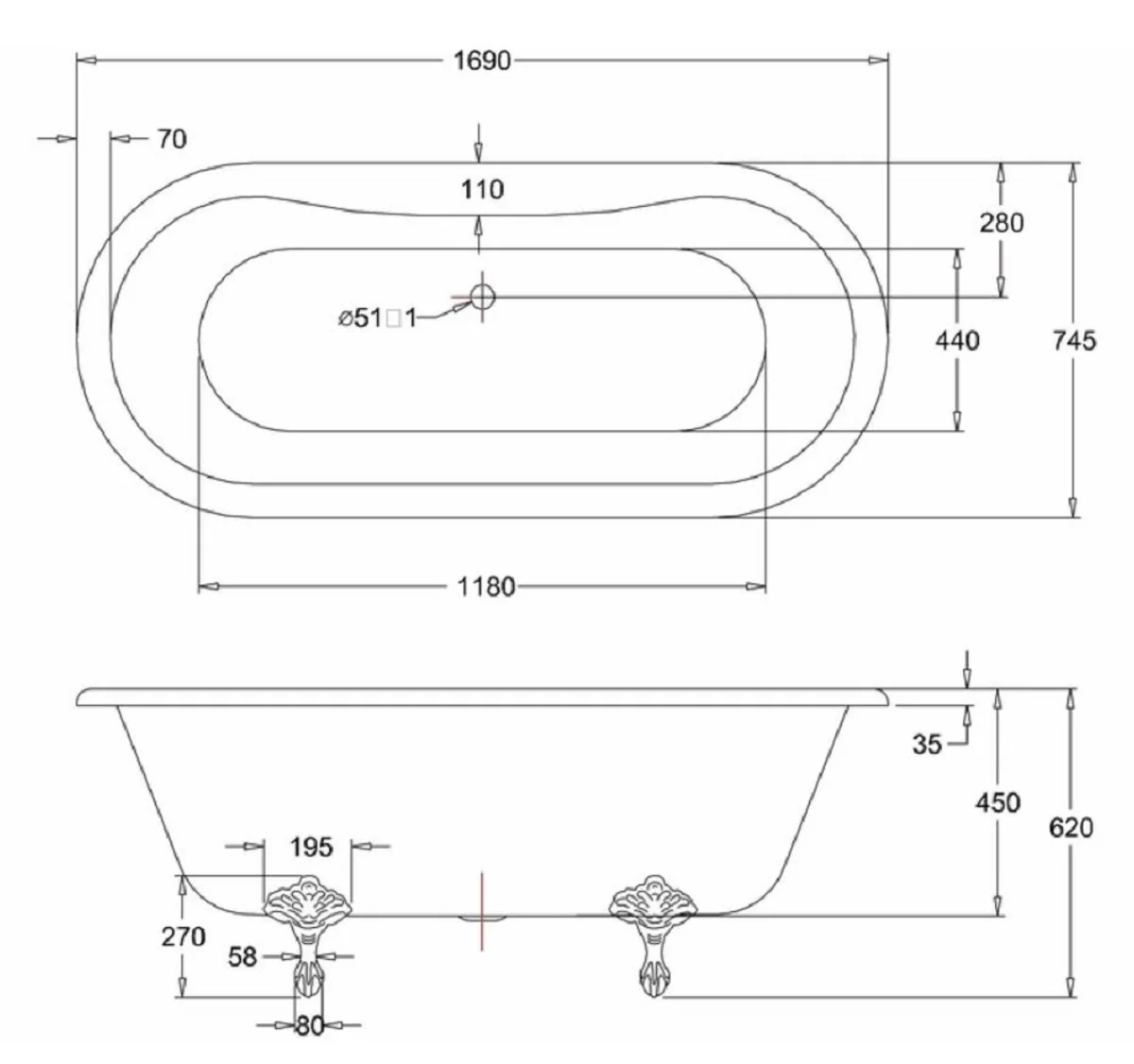 Luxus Jugendstil Badewanne Weiß / Schwarz 169 x 74,5 x H. 62 cm - Freistehende Retro Acryl Badewanne - Retro Badezimmer Möbel