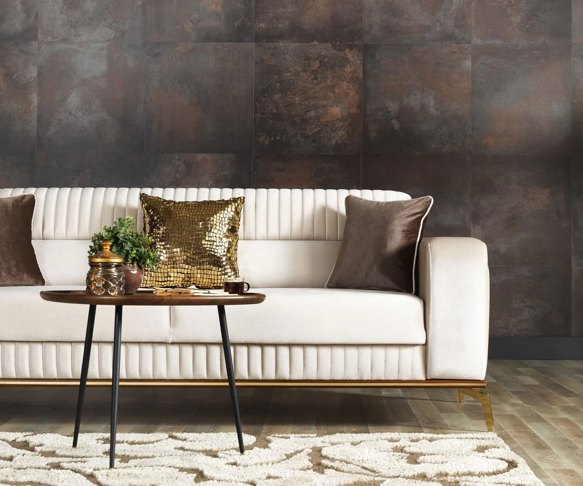 Luxus Schlafsofa Creme / Braun / Gold 225 x 92 x H. 83 cm - Wohnzimmer Sofa mit 3 Kissen - Luxus Wohnzimmer Möbel