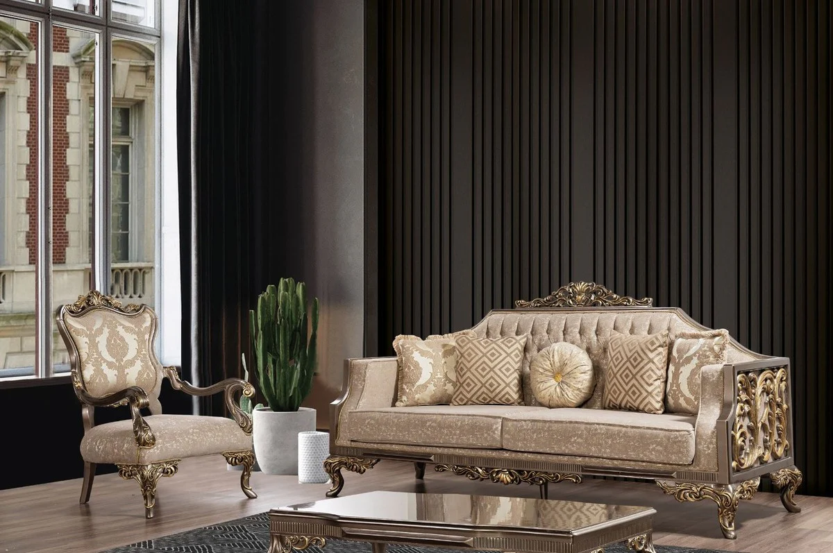 Luxus Barock Sofa Grau / Beige / Silber / Gold - Prunkvolles Wohnzimmer Sofa mit Muster - Barock Wohnzimmer Möbel - Edel & Prunkvoll
