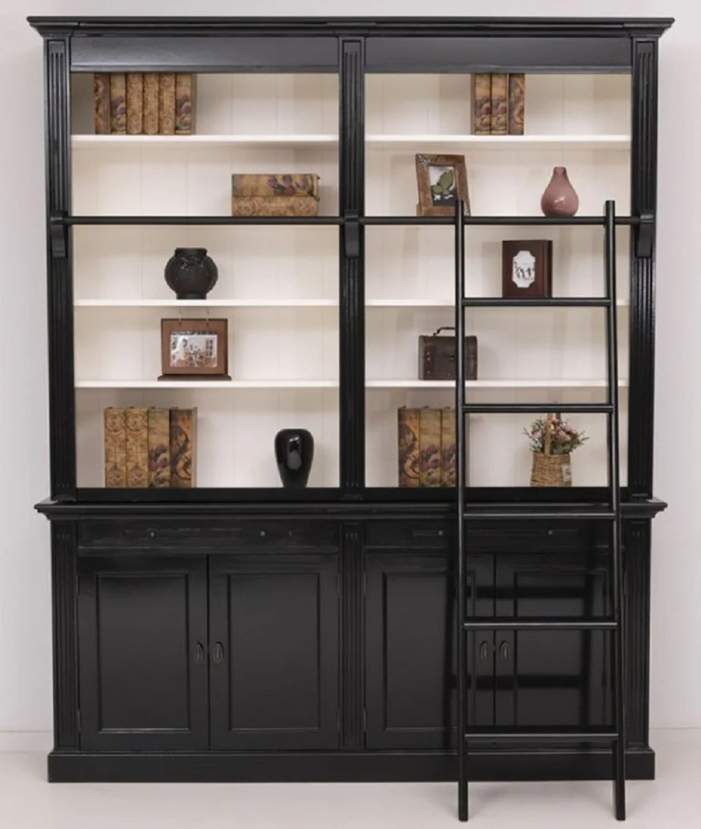 Landhausstil Bücherschrank mit Leiter Schwarz / Weiß 200 x 40 x H. 240 cm - Massivholz Schrank - Wohnzimmerschrank - Regalschrank - Büroschrank - Landhausstil Möbel