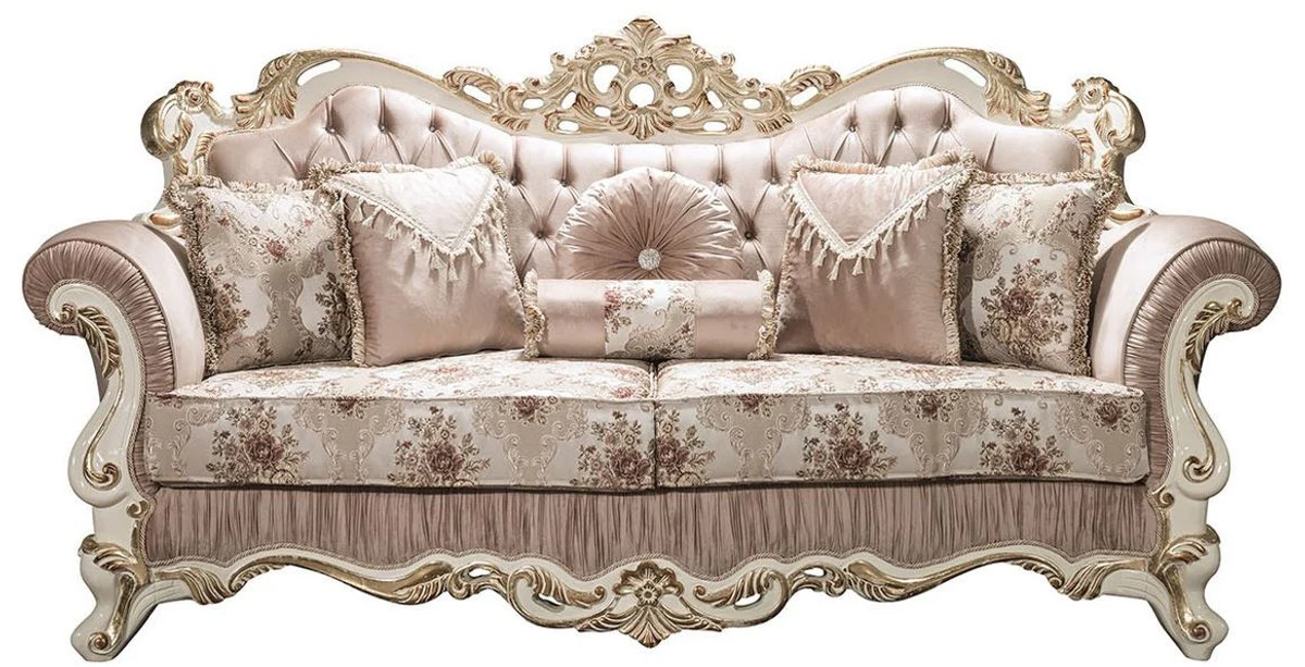 Luxus Barock Sofa Rosa / Weiß / Gold 230 x 100 x H. 110 cm - Wohnzimmer Sofa mit Glitzersteinen und dekorativen Kissen - Barockmöbel