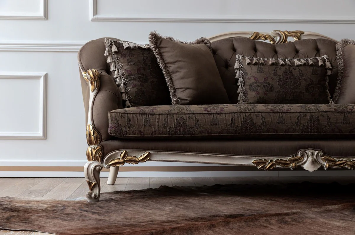 Luxus Barock Sofa Braun / Cremefarben / Weiß / Gold - Handgefertigtes Wohnzimmer Sofa - Barock Wohnzimmer Möbel