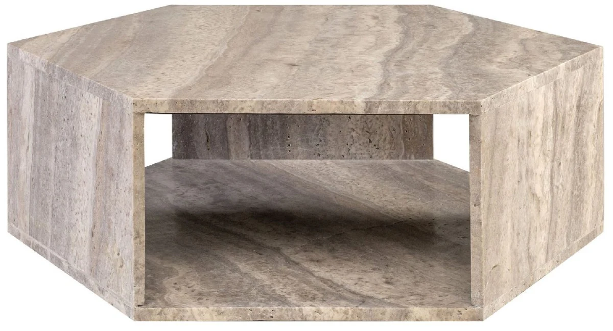 Luxus Couchtisch Grau 91 x 79 x H. 30 cm - 6 Eckiger Travertin Naturstein Wohnzimmertisch - Wohnzimmer Möbel - Travertin Möbel - Luxus Möbel - Luxus Einrichtung