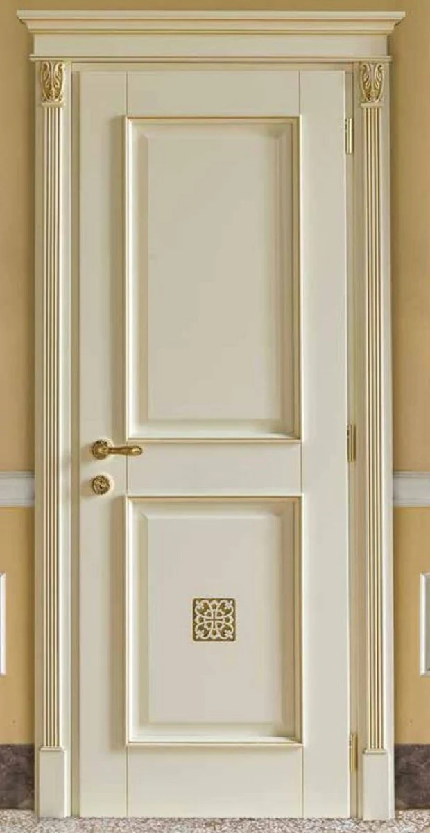 Luxus Barock Wohnungstür Creme / Gold - Prunkvolle Massivholz Tür mit Rahmen - Luxus Möbel im Barockstil - Hotel Möbel - Barock Möbel - Made in Italy - Luxus Qualität