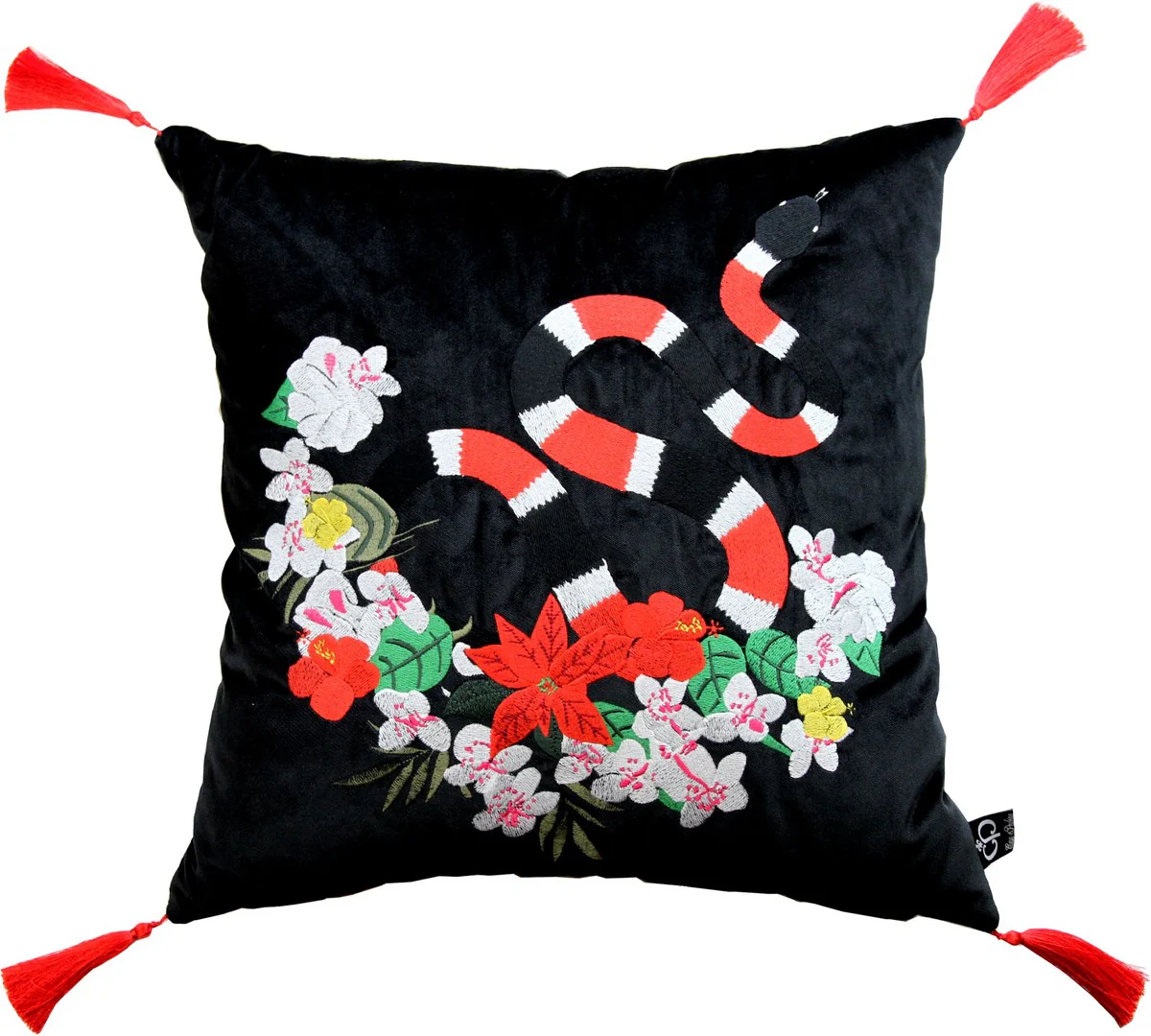 Luxus Deko Kissen mit Troddeln Snake Schwarz / Mehrfarbig 45 x 45 cm - Feinster Samtstoff - Luxus Qualität