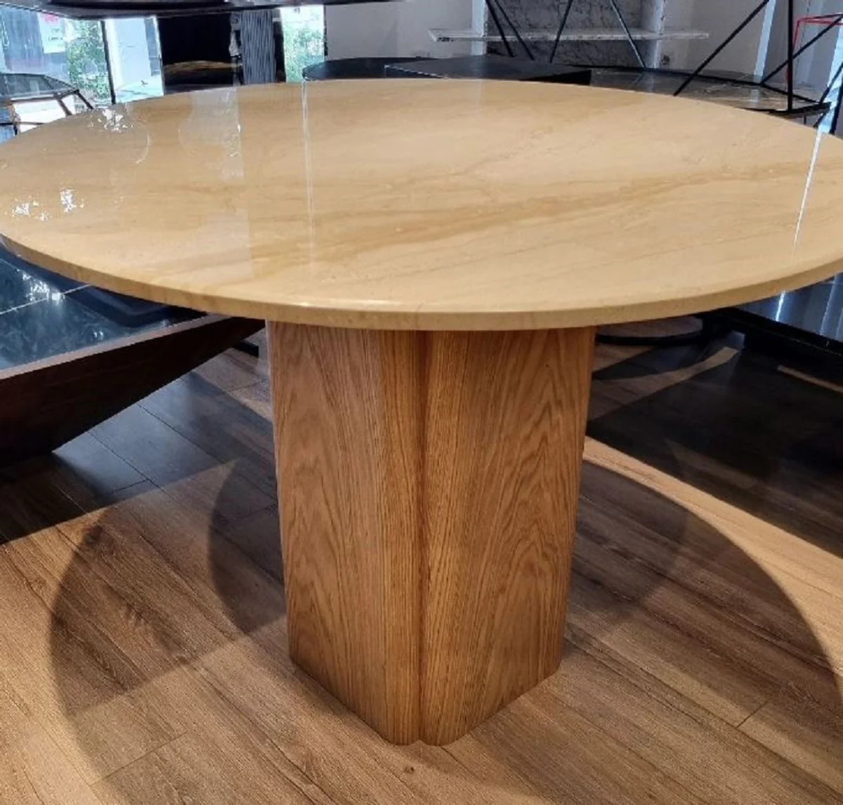 Luxus Esstisch Beige / Braun Ø 100 x H. 75 cm - Runder Esszimmertisch mit Marmor Tischplatte - Esszimmer Möbel - Luxus Möbel