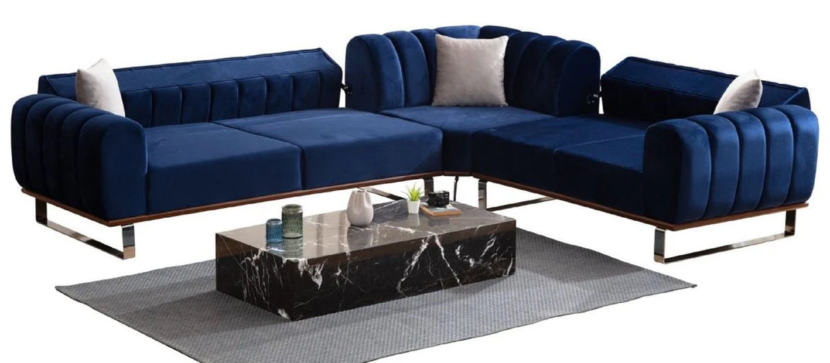 Luxus Ecksofa mit verstellbaren Rückenlehnen Blau / Braun / Silber 320 x 180 x H. 80 cm - Wohnzimmer Sofa - Wohnzimmer Möbel - Luxus Möbel - Luxus Einrichtung
