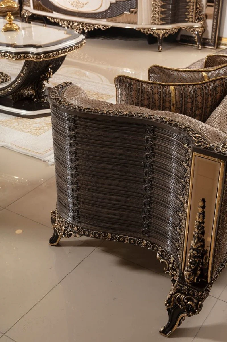 Luxus Barock Sofa Grau / Dunkelbraun / Gold 282 cm