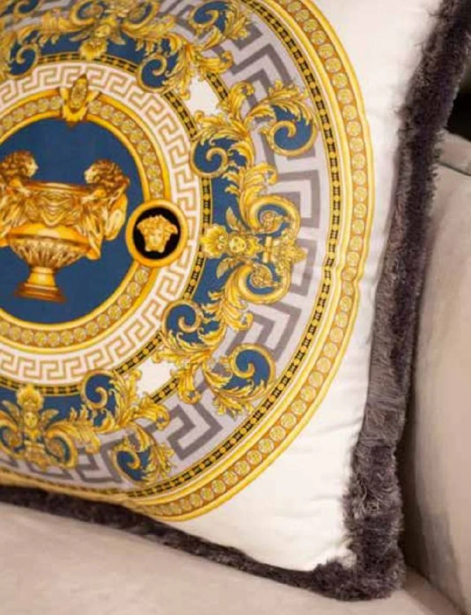 Luxus Barock Samt Kissen Vase mit Löwen Weiß / Gold / Grau 45 x 45 cm - Bedrucktes Deko Kissen mit Fransen - Barock Deko Accessoires