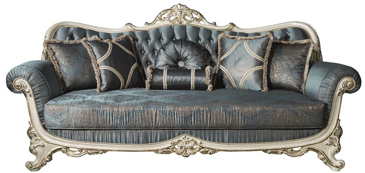 Luxus Barock Wohnzimmer Sofa mit Glitzersteinen und dekorativen Kissen Blau / Creme / Gold 240 x 95 x H. 105 cm - Edle Couch im Barockstil