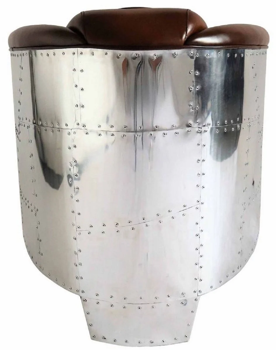 Luxus Art Deco Echtleder Sessel Dunkelbraun / Silber 90 x 72 x H. 68 cm - Aluminium Sessel mit hochwertigem Leder - Lounge Sessel - Aluminium Flugzeug Flieger Sessel Möbel