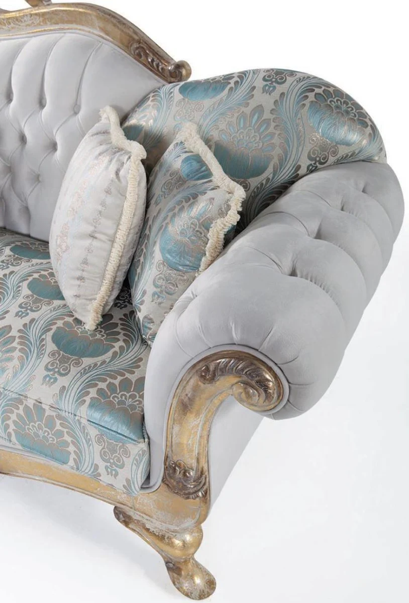 Luxus Barock Wohnzimmer Set Grau / Türkis / Antik Gold - 2 Sofas & 2 Sessel & 1 Couchtisch - Wohnzimmer Möbel im Barockstil - Edel & Prunkvoll