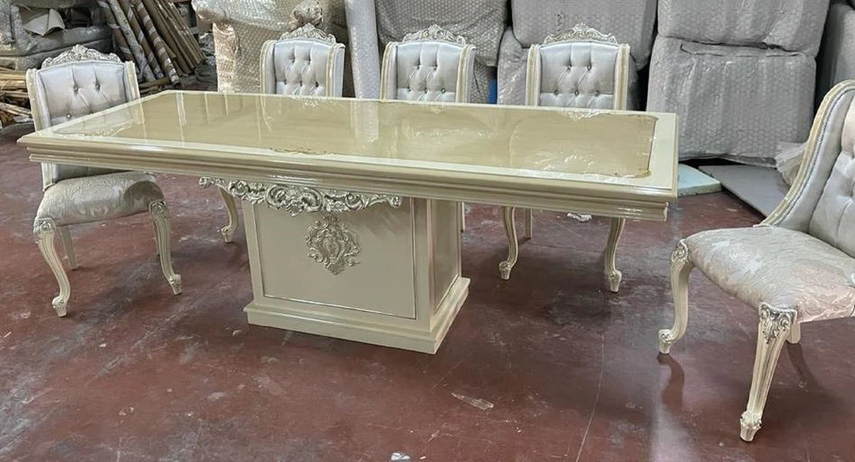 Luxus Barock Esszimmer Set Silber / Beige / Weiß - 1 Barock Esstisch & 6 Barock Esszimmerstühle - Luxus Esszimmer Möbel im Barockstil - Prunkvolle Barock Esszimmer Möbel