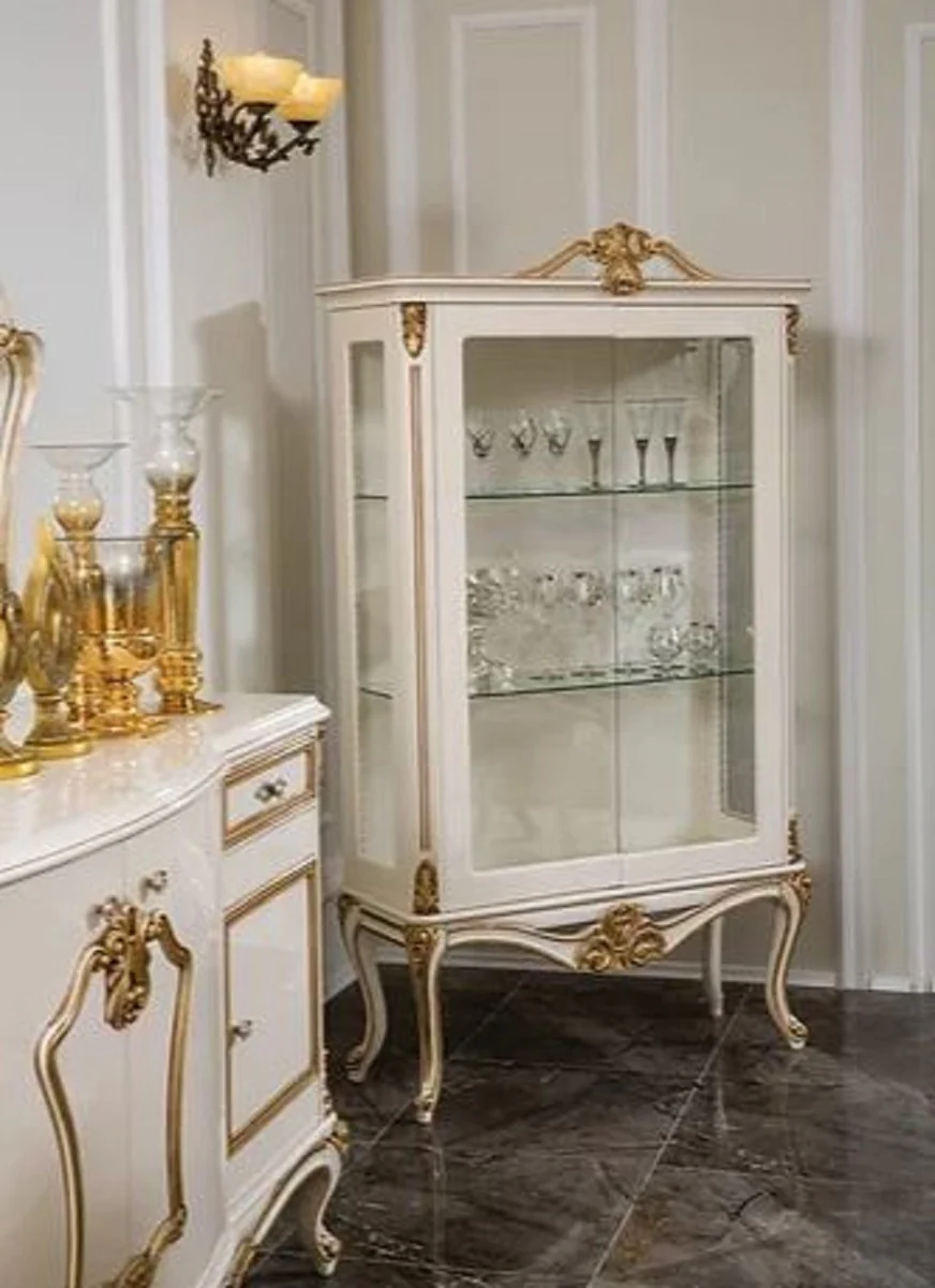 Luxus Barock Vitrine Weiß / Gold 107 x 41 x H. 178 cm - Massivholz Vitrinenschrank - Barock Möbel - Edel & Prunkvoll
