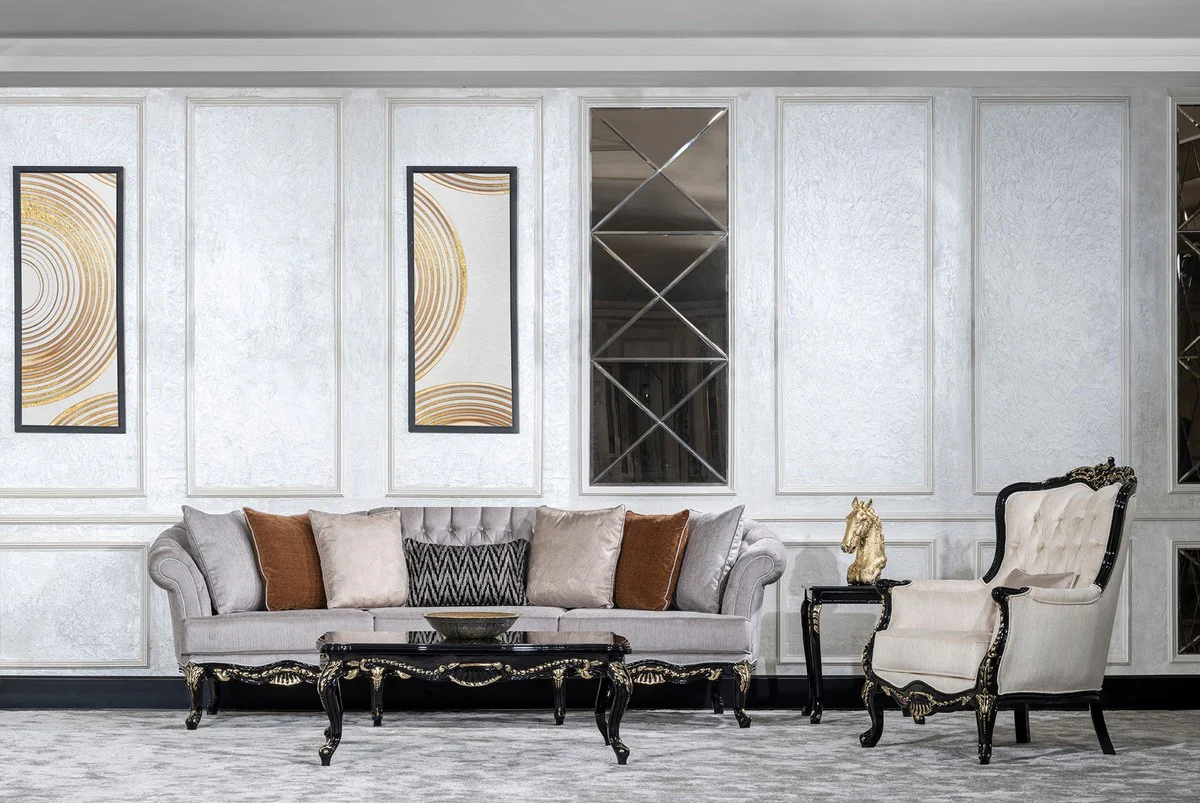 Luxus Barock Wohnzimmer Sofa Grau / Schwarz / Gold - Handgefertigtes Barockstil Sofa mit dekorativen Kissen - Luxus Wohnzimmer Möbel im Barockstil - Barock Möbel - Edel & Prunkvoll